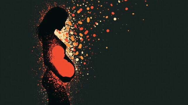 Silhouette of a pregnant woman depicted with colorful, abstract particles forming her profile and baby bump on a dark background.