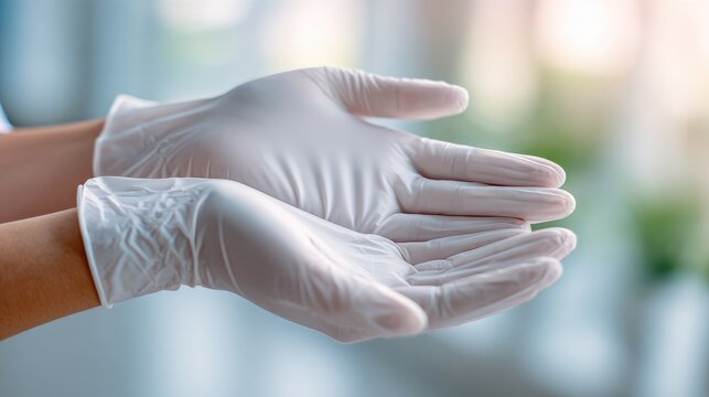 Close-up of hands wearing sterile latex gloves, palms open, awaiting use