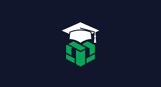 Graduation mortarboard icon on green isometric block logo
