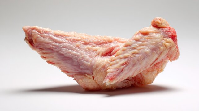 Raw, uncooked chicken wing with delicate skin and bones against a white backdrop