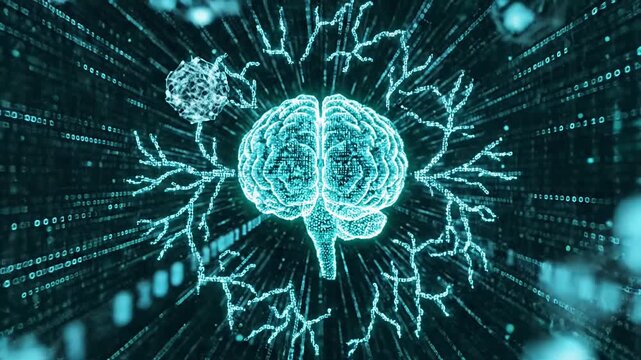 Digital human brain surrounded by binary data streams.