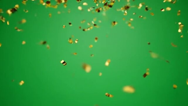 Shiny gold confetti pieces falling down against a solid green background screen