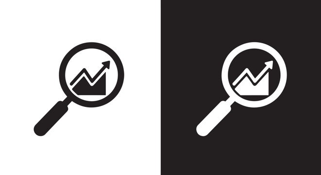 magnifying glass with stock chart icon: Minimalist, flat icon, outline, glyph, linear, clipart, sticker - icon set