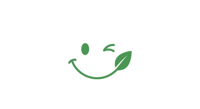 Green winking smiley face icon with leaf on white background