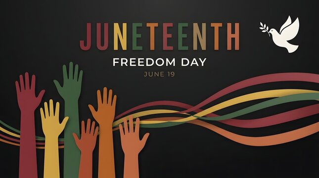 Juneteenth Celebration Vector Illustration With Raised Hands And Flying Dove