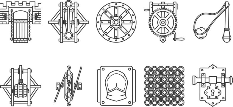 Vintage medieval engineering history vector graphics assortment including drawbridge catapult frame siege tower wheel castle winch gear trebuchet sling counterweight