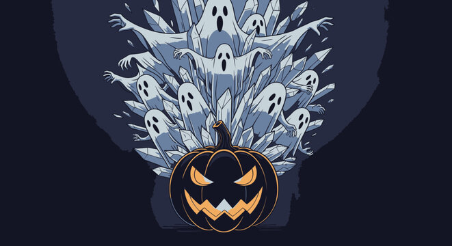 Halloween pumpkin with ghosts and reaching hands illustration