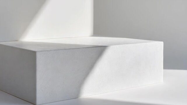 Minimalist white podium in sunlight with soft shadows and clean geometric lines. Modern abstract background for product display or branding presentation in a contemporary setting