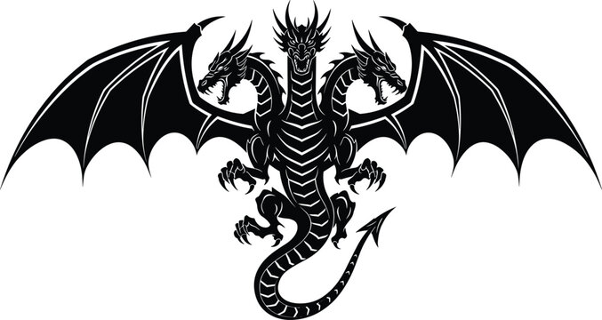 Three headed dragon silhouette illustration, black mythical creature artwork, powerful fantasy beast design, legendary winged monster tattoo vector, epic hydra dragon art