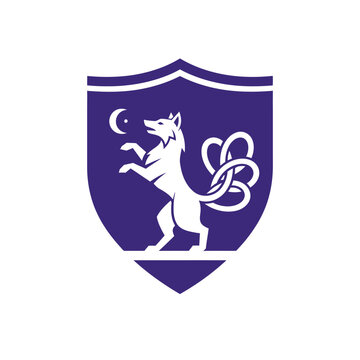 Heraldic purple shield with rampant nine tailed wolf and moon