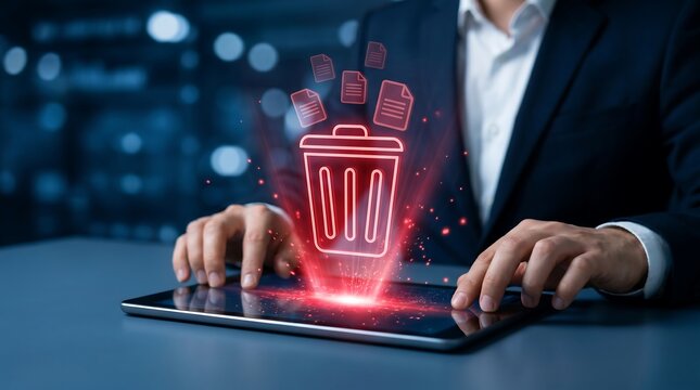 Business professional deleting files and data with a digital trash icon projected from a tablet, signifying data cleanup and digital waste management.