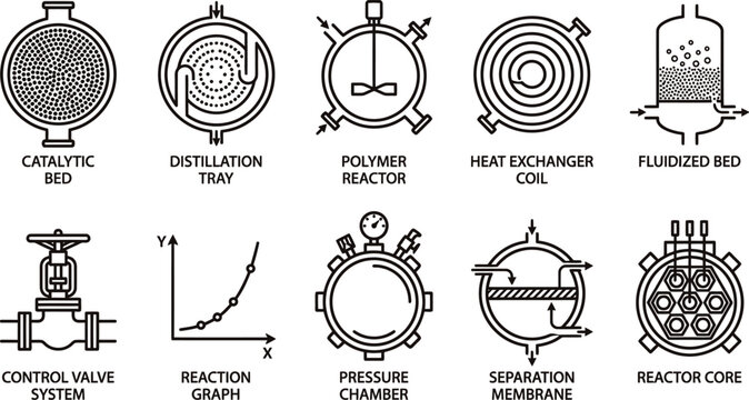 Industrial factory chemical engineering reactor diagrams representing catalytic bed distillation tray polymer reactor heat exchanger coil fluidized control valve