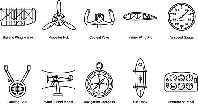 Vintage aircraft aviation history flat sketch elements containing biplane wing frame propeller hub cockpit yoke fabric rib airspeed gauge landing