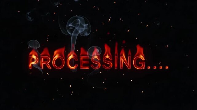Processing word burning with intense orange flames and rising grey wisps of smoke while glowing embers float slowly across the dark black background in this high quality 3d digital motion animation vi