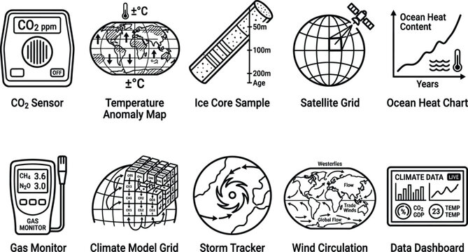 Global warming climate science diagrams representing co2 sensor temperature anomaly map ice core sample satellite grid ocean heat chart gas