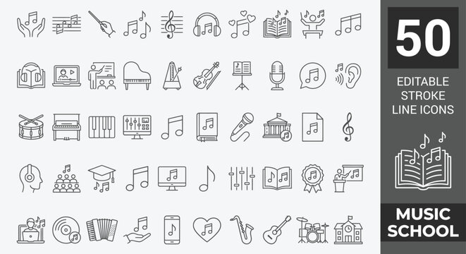Music School icon set. Contain icons related to relevant to music schools, music, learning and more. Outline Icon Collection. Editable stroke. Vector illustration