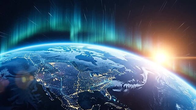 A vibrant view of the planet earth from space with glowing lights and aurora