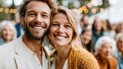 Fototapeta premium A joyful couple beams with happiness amid a lively outdoor event, showcasing their connection and excitement while surrounded by a warm gathering of people.