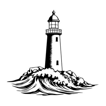 A black and white vector illustration of a lighthouse silhouette standing tall on a rocky coastal outcrop surrounded by crashing ocean waves.