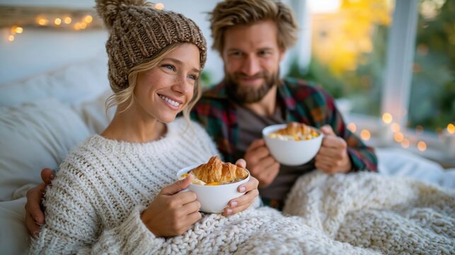 A couple snuggles in bed wrapped in cozy blankets, enjoying warm drinks and sharing laughter, creating an intimate and comfortable atmosphere on a cool day.