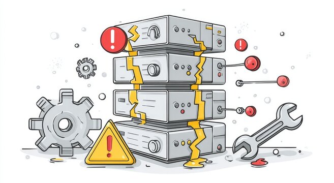 Stack of broken servers with warning signs and tools