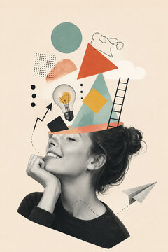 AI generated surreal collage art featuring smiling woman geometric elements emerging from her mind symbolizing creativity imagination innovation inspiration modern thinking