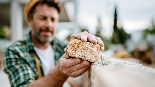 A focused construction worker carefully aligns a brick in place, showcasing the artistry and skill behind masonry work in an outdoor construction site.
