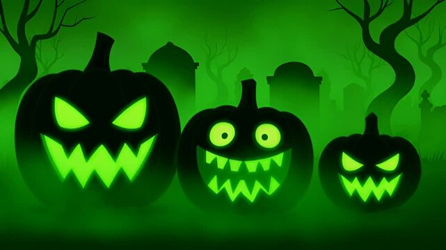 Glowing jack-o-lanterns in spooky night.