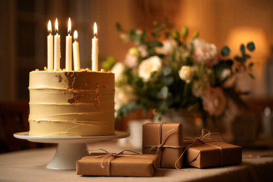 Beautifully decorated birthday cake with lit candles and wrapped gifts on table beside flowers