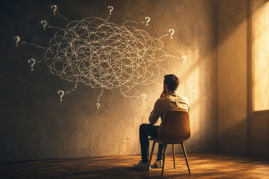 AI generated conceptual illustration of person analyzing confusion uncertainty tangled thoughts questions symbolizing problem solving strategy decision making clarity