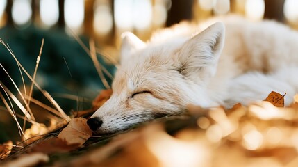 Fototapeta premium A serene white fox peacefully sleeps amidst autumn leaves in a tranquil forest, capturing the essence of nature's beauty and the peaceful coexistence of wildlife.