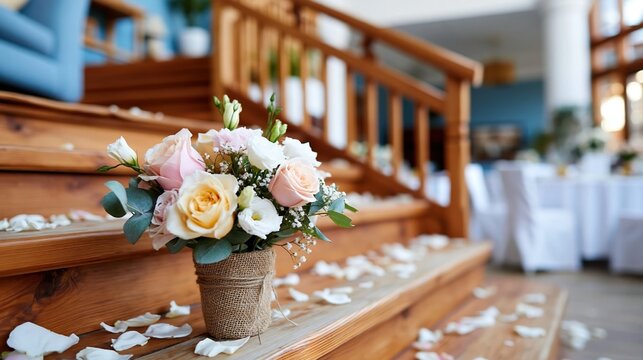 A beautiful bouquet of pastel roses sits on wooden stairs, adorned with petals, illustrating a romantic and elegant atmosphere perfect for weddings or special events.