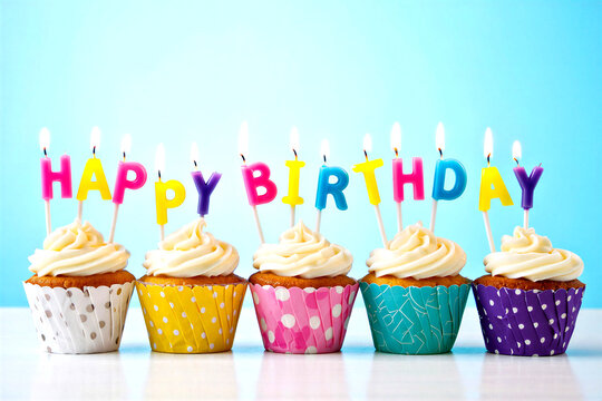 Colorful birthday cupcakes with lit candles spelling happy birthday on a bright background