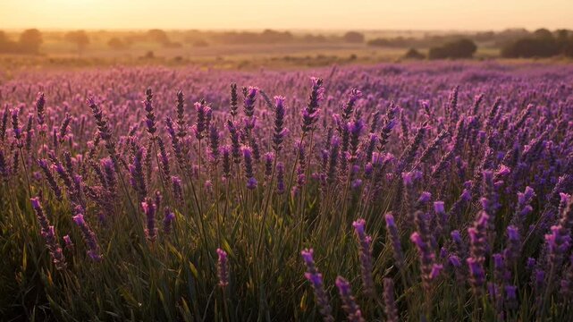 Lavender field at sunset rural landscape.