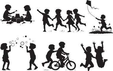 Happy children playing silhouettes set, kids outdoor activities vector collection, childhood summer fun icons for family and education design