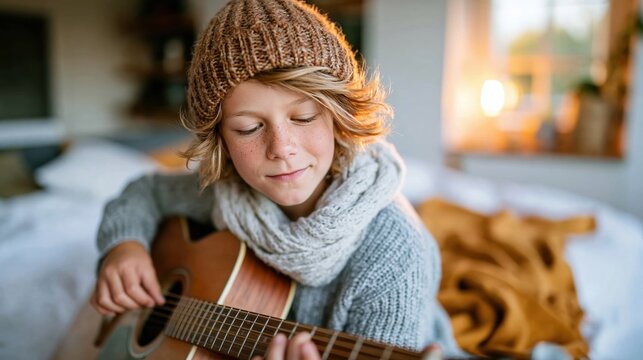 A young musician wearing a cozy hat and scarf strumming a guitar, embodying creativity and passion, lost in the melody of the moment amid a warm, inviting atmosphere.