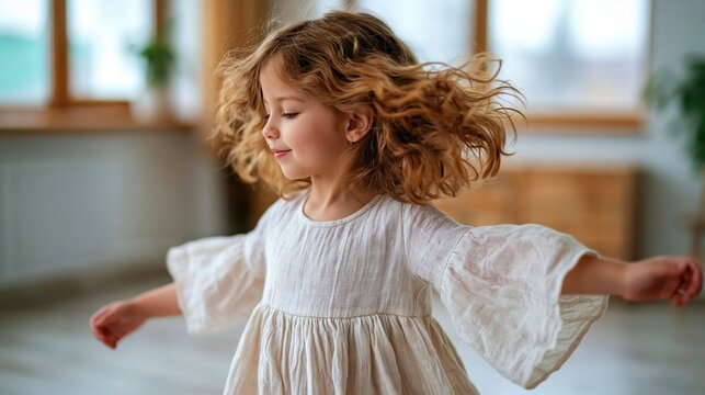 A young girl twirls joyfully in a bright indoor space, her lively spirit and playful energy radiating happiness, while capturing the carefree essence of childhood and imagination.