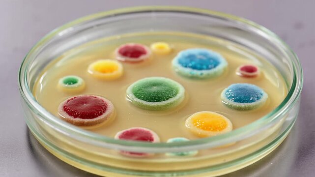 Microscopic bacterial cultures in petri dish, vibrant colorful colonies growing in agar medium, close-up view, symbolizing research, discovery, and scientific exploration