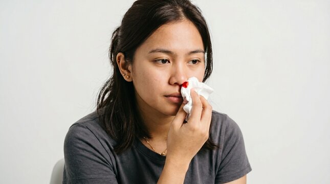 Young woman holding a white tissue to her nose due to a sudden nosebleed against a plain white studio background