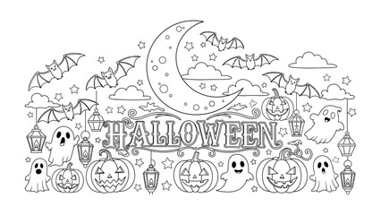 Fototapeta premium Whimsical Halloween Panorama: A charming monochrome illustration depicting a crescent moon, playful ghosts, jack-o'-lanterns, bats, and lanterns.