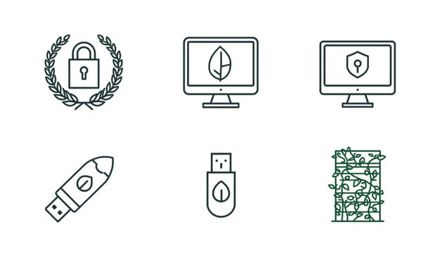 Cyber security and eco friendly data protection monochrome line art vector icon set featuring computer monitor leaf firewall digital padlock with wreath and secure USB flash drive symbols