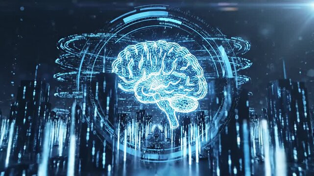 Glowing artificial intelligence brain over a futuristic city skyline.