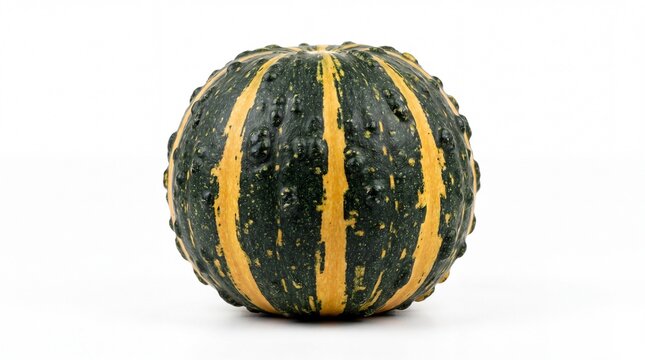 Fresh striped green and yellow gourd with bumpy texture isolated in studio on white background