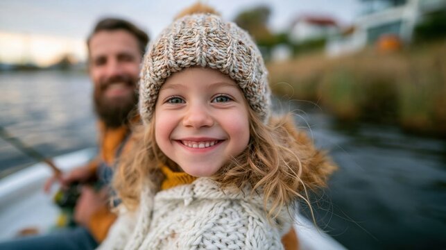 A joyful moment captured as a little girl smiles while fishing with her bearded father, celebrating the bond of family and the joy of outdoor adventures.
