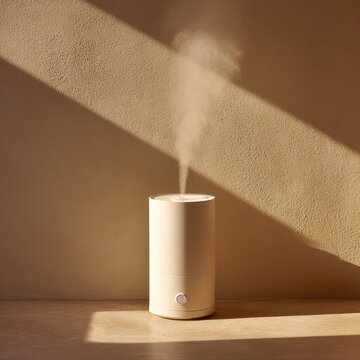 Minimalist diffuser emits a gentle mist against a softly lit wall