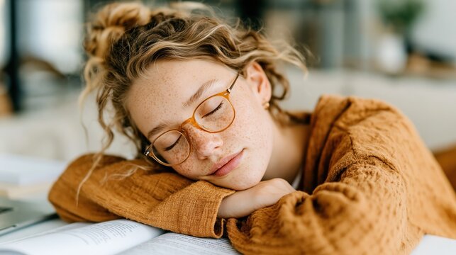A serene young woman relaxes with her head on a stack of books, enjoying a quiet moment in a cozy, light-filled space that conveys comfort and peacefulness.
