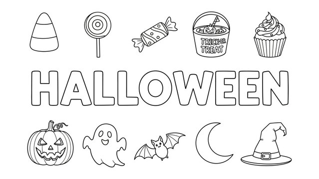 Halloween Icons: A collection of charming hand-drawn black and white icons featuring a pumpkin, ghost, bat, moon, witch hat, candy corn, lollipop, wrapped candy, cupcake, and a trick-or-treat bucket.