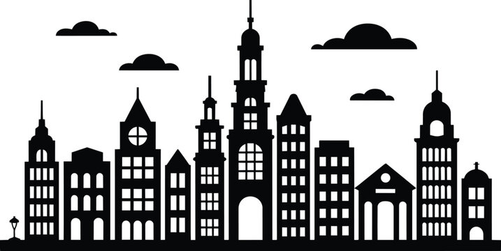 Diverse city skyline with various building shapes and cloud silhouettes in a modern, minimalist flat design style illustration and clouds, cityscape