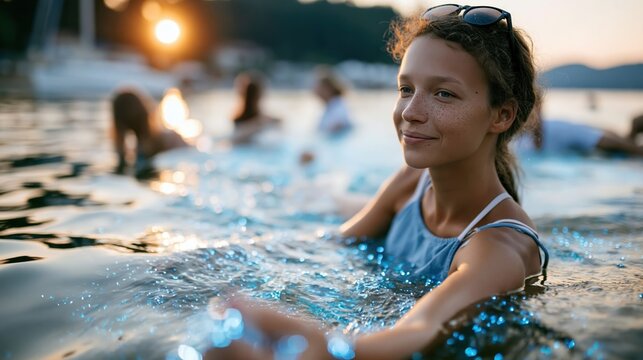 A serene teenager effortlessly floats in calm waters during sunset, radiating happiness, as golden light reflects off the water's surface, creating a magical atmosphere.