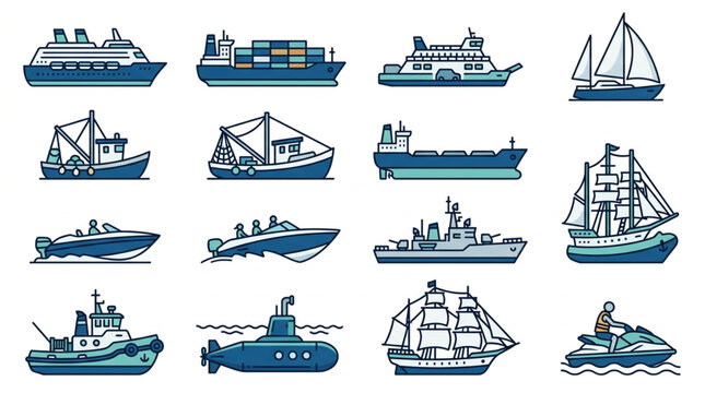 Collection of Various Types of Ships and Boats Illustration